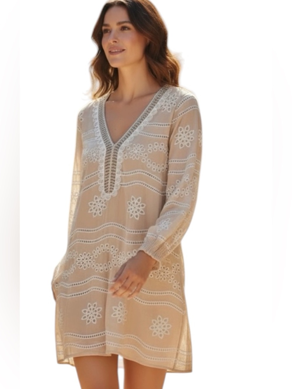 Boston Proper Sz XS Women's Beige Embellished and Embroidered V-Neck Dress | GUC